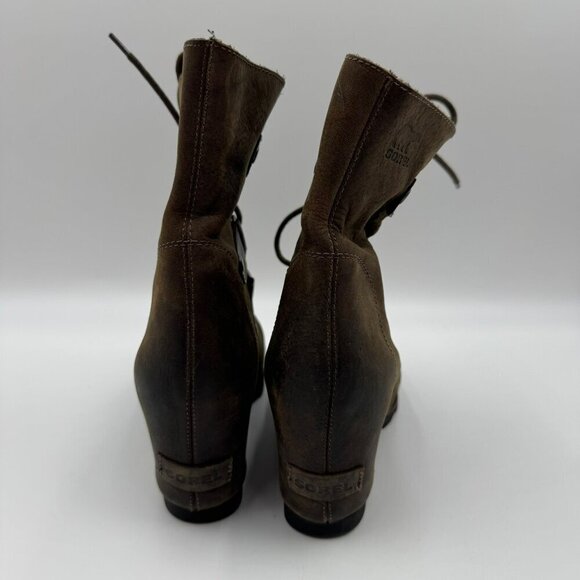 Sorel Joan Of Arctic Wedge Boots Brown Rustic Leather Lace-Up Womens Size 9 - Picture 3 of 9